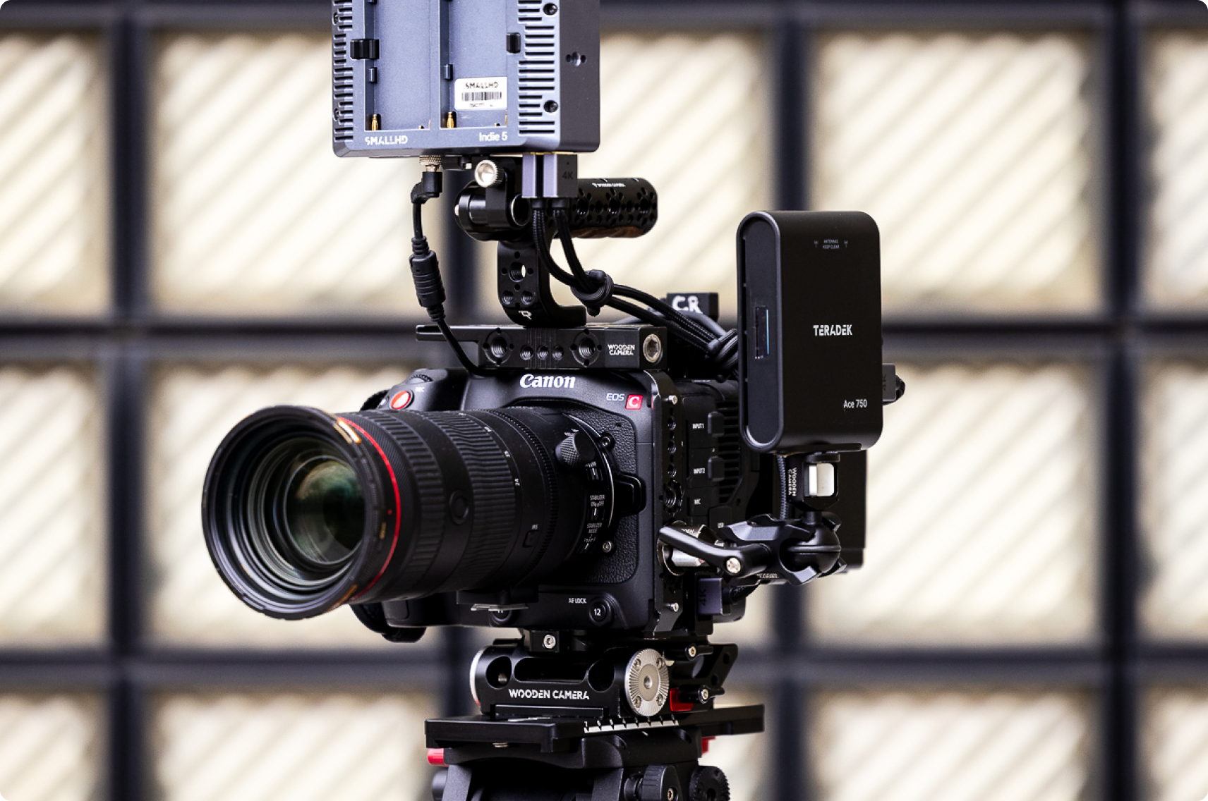 Teradek Ace 750 6GHz zero-delay wireless transmitter on Canon Cinema camera with SmallHD Indie 5 monitor