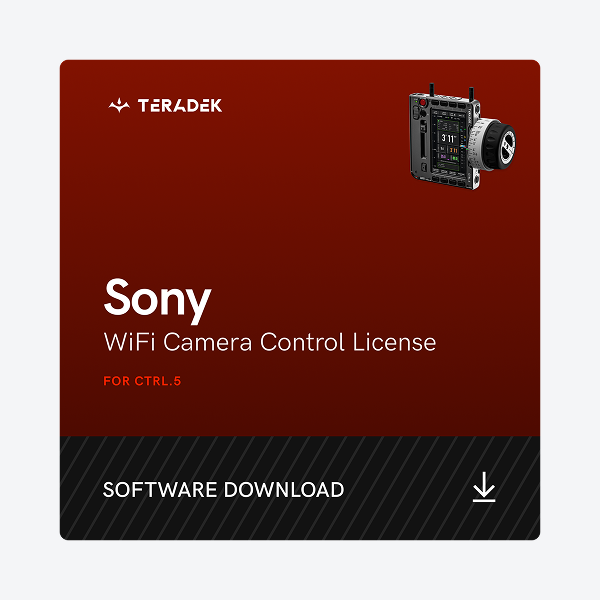 Sony WiFi Camera Control License packaging with Teradek branding on a red and black background.