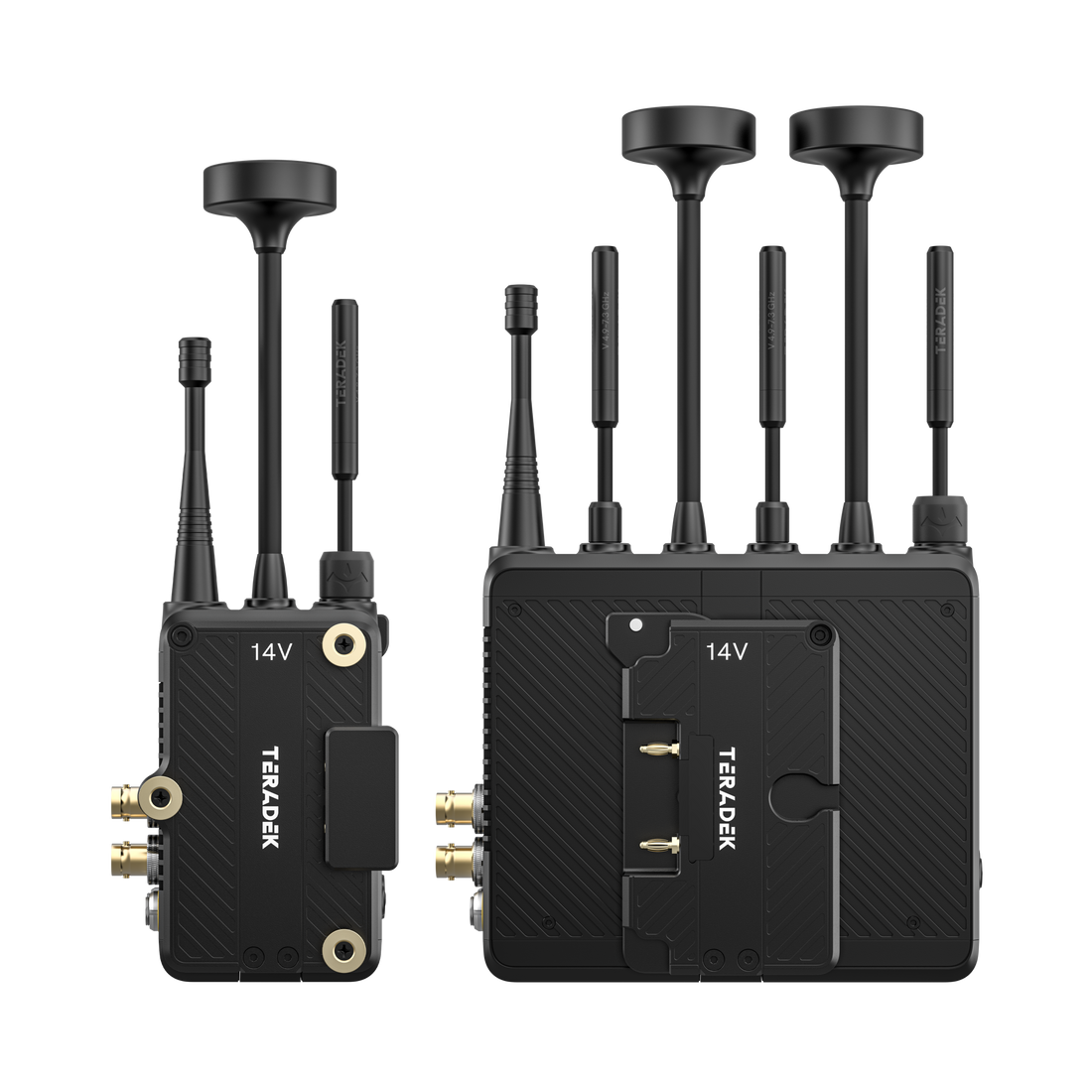 10-2720-G, Bolt 7 MAX 12G-SDI/HDMI Wireless TX/RX Deluxe Set - 2x Gold Mount Battery Cradles - Side View