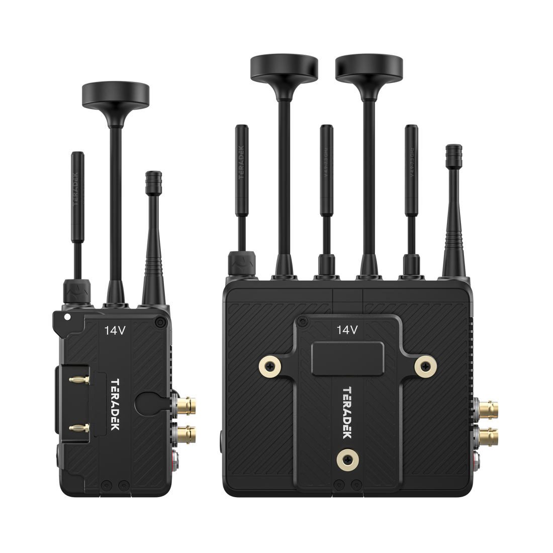 10-2720-G, Bolt 7 MAX 12G-SDI/HDMI Wireless TX/RX Deluxe Set - 2x Gold Mount Battery Cradles - Side View