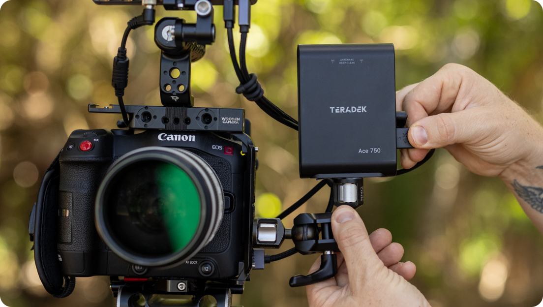 Teradek Ace 750 Wireless Video Transmitter on Wooden Camera Ultra Arm mounted to Canon Cinema Camera