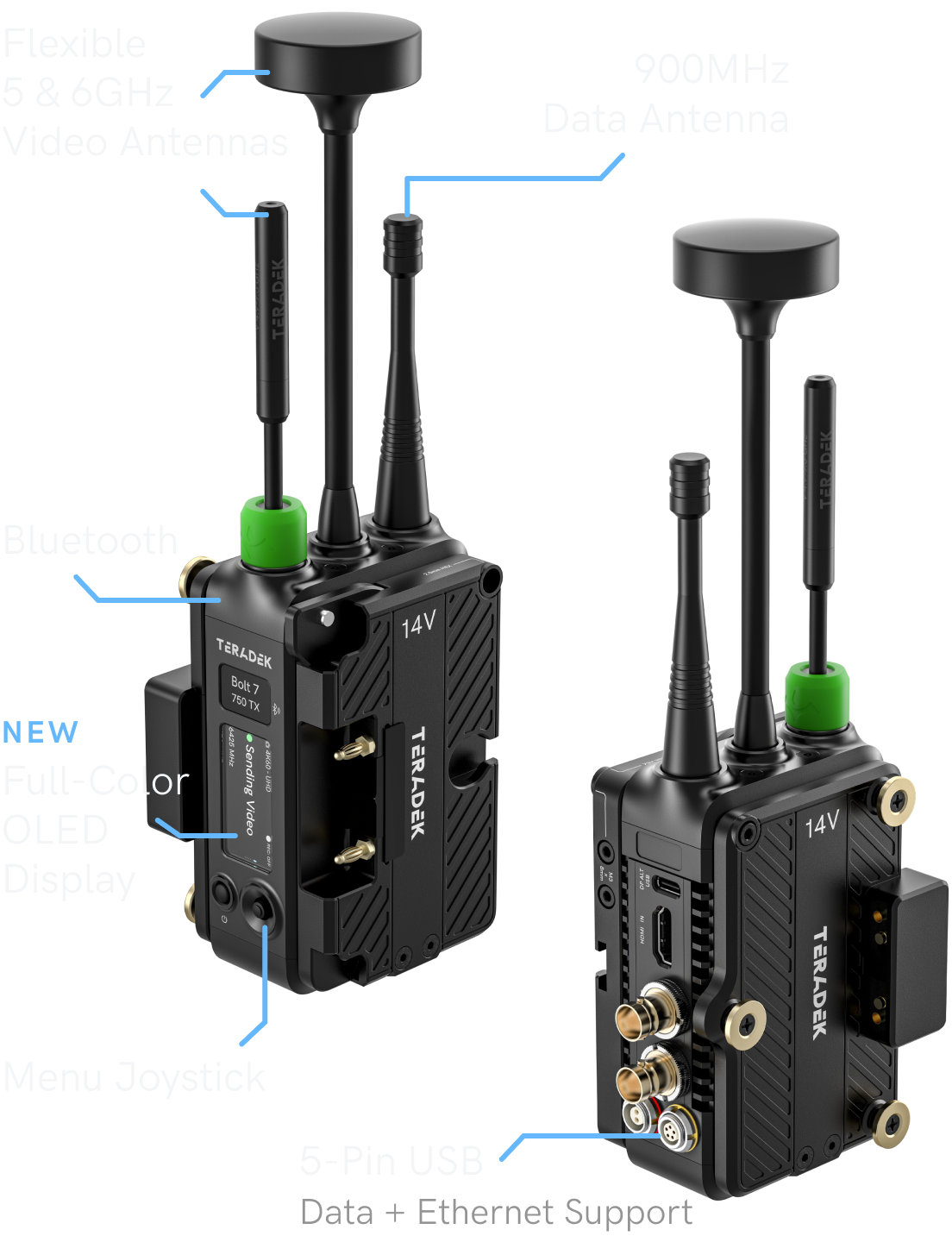 Close-up of Bolt 7 transmitter and receiver showing antenna, OLED display, and port layout