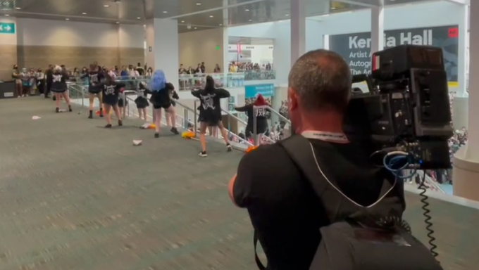Broadcasting dance routine performed by Anime Expo patrons